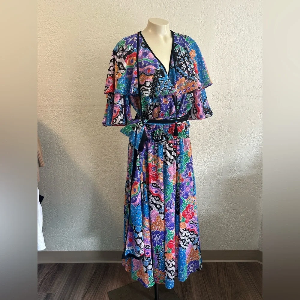 Diane Fres vtg Elegant Pink Blue Flutter Sleeves maxi dress SZ M/L ? As is